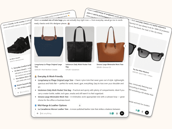 AI-powered shopping interface showing ChatGPT product recommendations